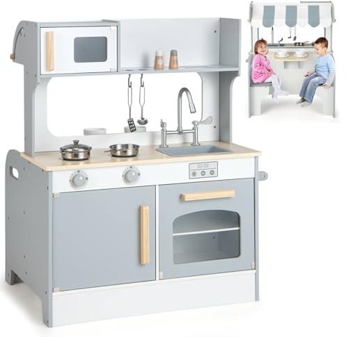 GYMAX Kids Play Kitchen, 2 in 1 Wooden Toy Kitchen with Oven, Stove, Sink, Cookware Accessories & Storage Cabinet, Kids Kitchen Playset Gift for 3 Years Old+ Girls Boys