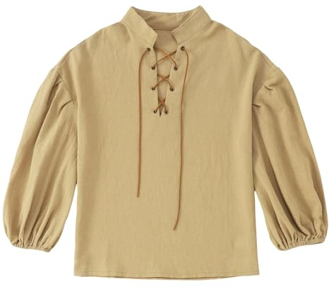 Halloween,Chemise médiévale pour garçon, à lacets, col montant, manches longues, tunique, costume de chevalier, haut viking, Ceinture non incluse,3-14 ans #0127B