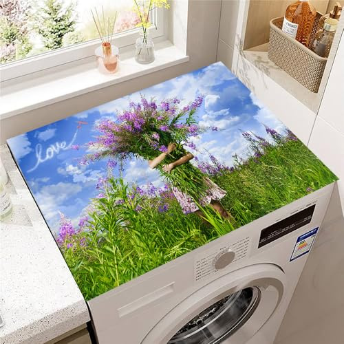 Hearda Housse Machine a Laver Paysage Lavande,Dessus Tapis Lave Linge Antidérapant,Housse de Protection pour Machine à Laver Top,Tapis de Protection pour Dessus Sèche-Linge (Feuilles Vertes,30x40cm)