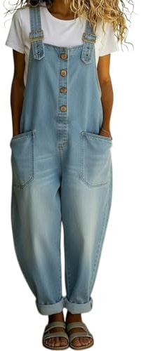 Salopette in jeans Y2K da donna con chiusura a bottoni, gambe larghe, tuta in jeans, stile vintage, vestibilità ampia, salopette larga effetto invecchiato