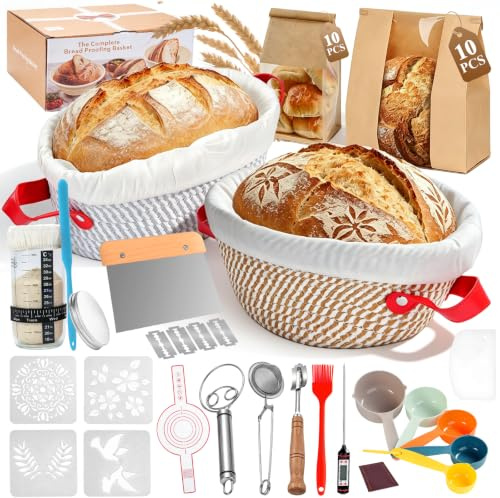 Panier de fermentation complet pour pâte à saure, 2 corbeilles de fermentation (25 cm ovales et 23 cm rond), kit de cuisson du pain | ensemble de verre à pâte à saure, thermomètre, 4 motifs imprimés