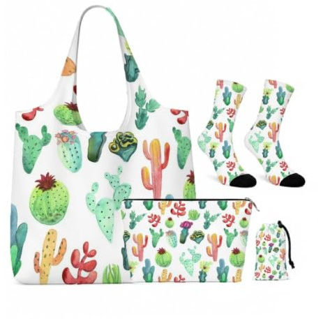 4Pcs Watercolor Cactus Gifts for Women Girls Cactus Lover | Tote Handbag Socks Cosmetic Bag for Christmas Halloween Birthday