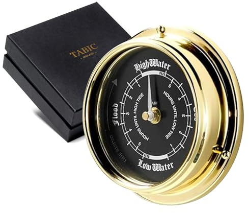 Tabic Brass Tide Clock – Mariner MkII Case, Black Dial, Precision Lunar Tide Tracking, Handcrafted in England, Marine Wall Instrument