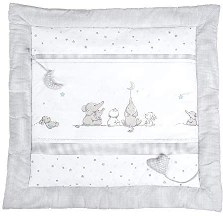 roba Baby Krabbeldecke Sternenzauber - 100 x 100 cm - Gepolsterte Spieldecke mit Stern Motiv inkl. Spielzeug Anhänger - aus weicher Baumwolle - Hellgrau / Weiß