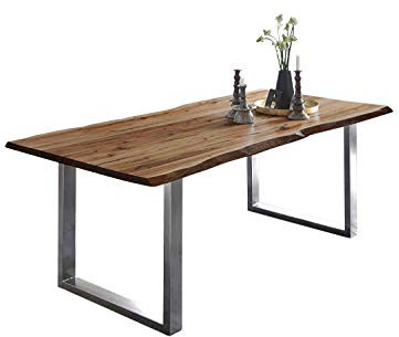 SAM Esszimmertisch 140 x 80 cm Mephisto, Baumkantentisch naturfarben, Akazienholz massiv, U-Gestell Edelstahl gebürstet