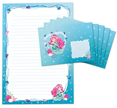 JuNa-Expe​​rten Briefblock + Umschlag für Kinder Meerjungfrau – A4 Briefpapier-Set, Mädchen und Jungen, 25 Liniertes Blätter + 15 Umschläge, Meerjungfrau-Design Briefbögen, Einladungen