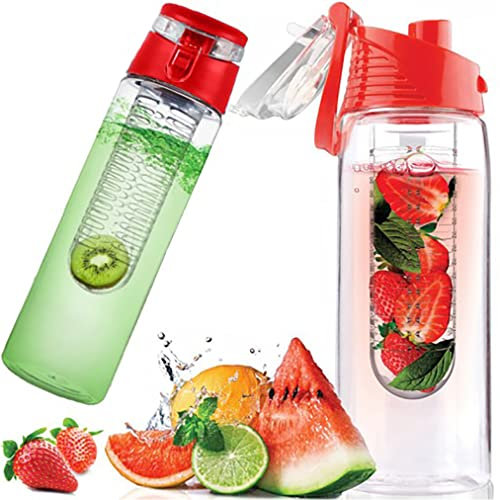 Retoo Borraccia da 700 ml con inserto per frutta in Tritan senza BPA con contenitore per frutta coperchio apribile con maniglia bottiglia per acqua per frutta e frutta bottiglia sportiva (rosso)
