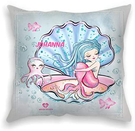 wolga-kreativ personalisiertes Kissen Meerjungfrau 40x40 cm – Kuschelkissen mit Namen & süßen Kindermotiven – Geschenk zur Geburt, Taufe & Geburtstag – Kissen Bedrucken – Flauschiges Babykissen