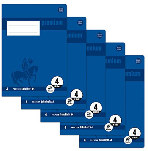 Staufen Premium Schulheft - DIN A4, Lineatur 4 (9mm liniert), 16 Blatt, 90g/m² Premium Papier, 5 Stück
