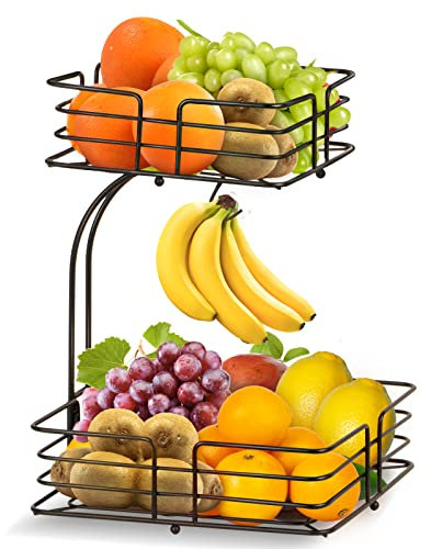Mutool 2-Tier Fruit Basket With Banana Hanger - Detachable Countertop Rack, Kitchen Wire Vegetables Bowls, Metal Storage Holder for Veg, Bread, Snacks (Black)