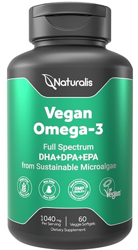Naturalis Vegan Omega 3 DHA, EPA & DPA from Algae | Vegan Society Certified, Sustainably Sourced, True Full Spectrum | 60 Veggie Softgels (Carrageenan Free)