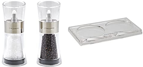 Cole & Mason H581780 Flip 180 Chrome Salt and Pepper Mills | Classic Inverta | Acrylic | 154mm | Gift Set | Includes 2 x Salt and Pepper Grinders & H306119 Ramsgate Clear Salt and Pepper Mill Tray