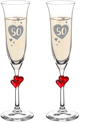 AMAVEL 2er Sektgläser Set mit roten Herzen, Sektgläser mit Gravur zum 50. Geburtstag, Geburtstagsgeschenk, Herz Sekt Gläser, Geschenk zur Goldenen Hochzeit, Geschenke für Frauen, Champagner Gläser