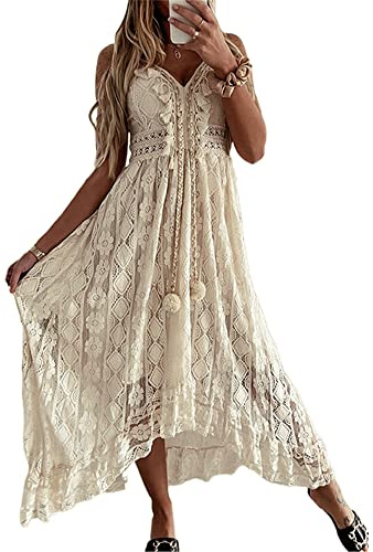 Yoisdtxc Women's Summer Casual Lace Hem Dress Deep V Neck Sleeveless Beachwear Spaghetti Straps Backless Ruffle Mini Dress