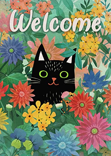 Gartenfahne Wind Und Regenfeste Hofflagge Doppelseitige Outdoor Sign Décor Willkommen, Frühlingskatze, Schwarz, Kätzchen, Rasen, Gänseblümchen, Stiefmütterchen, Rote Blaue Blume, Sommerveranda