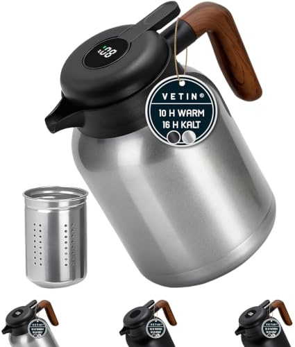 Thermos 1.5 l,Cafetière en acier inoxydable 304,Double paroi,Théière thermique avec infuseur amovible,Thermos avec affichage de la température,Chaleur 12h/18h,Froid (argent)