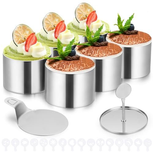 HAUSPROFI Juego de 8 anillos de postre de acero inoxidable de (diámetro de 7,5 cm) con tapa y base, forma de mousse sin costuras, 16 plantillas, anillo profesional para tartas