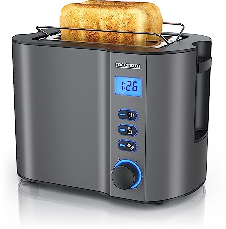 Arendo - Toaster 2 Scheiben Edelstahl mit Restzeitanzeige - 800 Watt - Doppelwandgehäuse - Integrierter Brötchenaufsatz - 6 Bräunungsgrade - kurz - Brotscheibenzentrierung – beleuchtetes LCD-Display