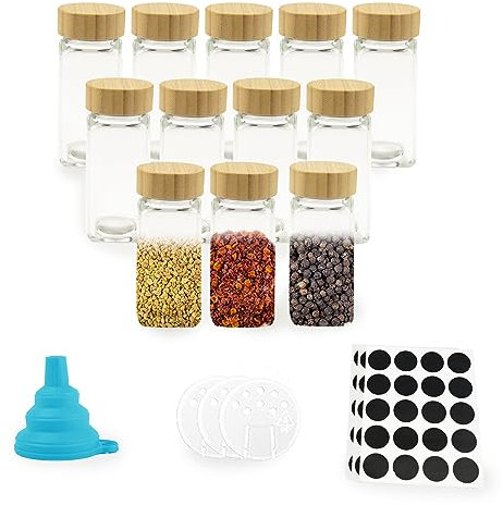 Teaque 12pcs Set Spezie da Cucina con Coperchi in Bambù,120ml Contenitori Spezie per Cucina,Set Barattoli Portaspezie Vetro Vasetti Spezie mit Imbuto,Etichetta Quadrato Barattoli,Barattoli Spezie