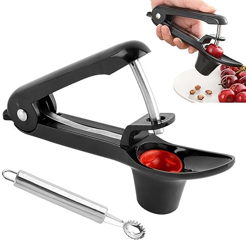 Snocciolatore portatile in acciaio inox, 2 pezzi, per rimuovere lo stelo della frutta con foro per l'aria, durevole e robusto, per ciliegie, olive, uva, giuggiole (nero)