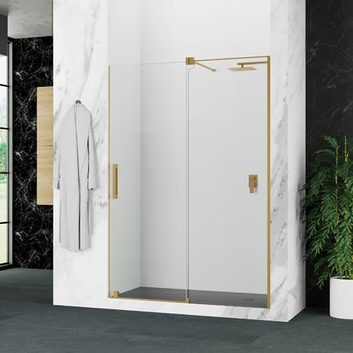 Mampara Ducha Frontal Corredera 1 Puerta 1 fijo | Mampara Ducha Corredera Cristal Templado 8mm Antical | 195cm de Altura Transparente | Mampara Ducha Frontal Oro 175cm (Adaptable 170,1-175cm)