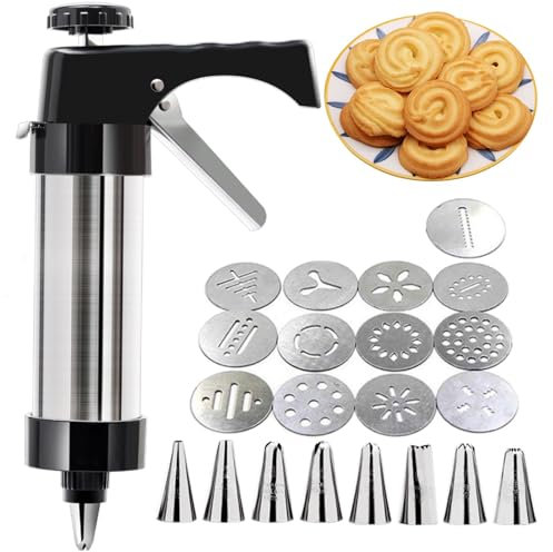 DIY Cookie Press Gun Kit Stainless Steel Biscuit Press Cookie Icing Gun Set with 13 Discs and 8 Icing Tips Ideal for Biscuit, Cake, Churro, Cookie