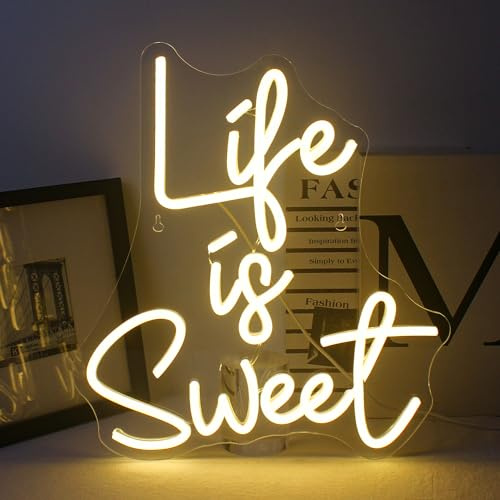 Horseneon Life Is Sweet Neon Schild,Warmweiß Neon Sign,Neon Schriftzug für Wanddekor,Led Schild Leuchtreklame USB Power Led Schriftzug Wand für Schlafzimmer,Party,Hochzeit Wedding Wand Dekor Geschenke