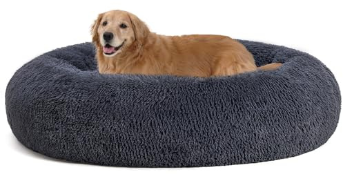 HMTOPE Orthopädisches Hundebett Grosse Hunde, Donut Kissen Waschbar, Ø120cm | Flauschig Hundesofa mit Egg-Crate Schaumstoff, XXL Langer Plüsch Rund, Kuscheliges Hundekorb, Abnehmbar Bezug, Dunkelgrau