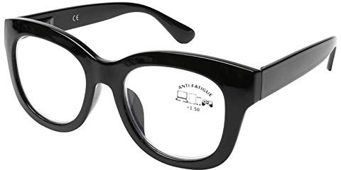 DOOViC Blaulichtfilter Lesebrille Schwarz 1,75 - Großer Rahmen Breite Bügel Federscharnier Blaulicht Computerbrille mit Sehstärke für Damen/Herren