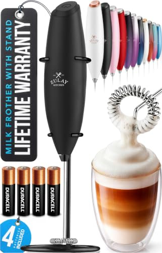 Zulay Kitchen Powerful Milk Frother Wand with 4 AA Duracell Batteries - Ultra Fast Handheld Drink Mixer - Electric Whisk Foam Maker for Coffee, Lattes, Cappuccino, Matcha & Creamer - Black