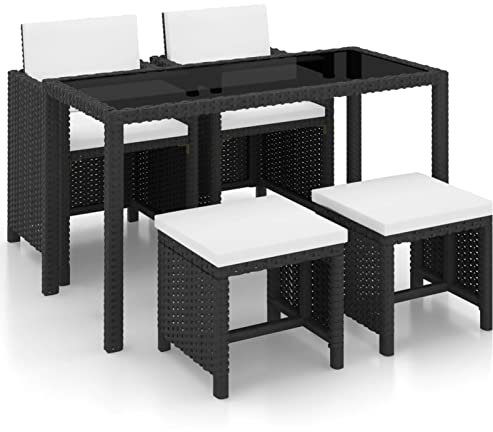 SECOLI Rattan Gartenmöbel Set 4 Stühle mit Tisch Garten Sitzgruppe 4 Personen Rattan sitzgruppe Balkon Tisch und stühle Sitzgruppe Outdoor-Schwarz und Weiß-5-tlg
