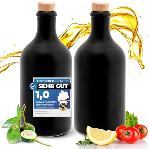 Essig & Öl Steinzeug - Flasche mit Ausgießer, 2er Geschenkeset für Feinschmecker Handgefertigt und Einzigartig im Design Made in Germany Authentisch chic und zeitlos (2x 500ml, schwarz)