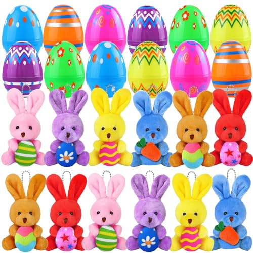 DTYDECLE 12pcs Filled Easter Eggs, Cute Bunny Plush Toys Prefilled Colorful Plastic Easter Eggs Surprise Present for Easter Basket Stuffers Party Favors Egg Hunt for Kids