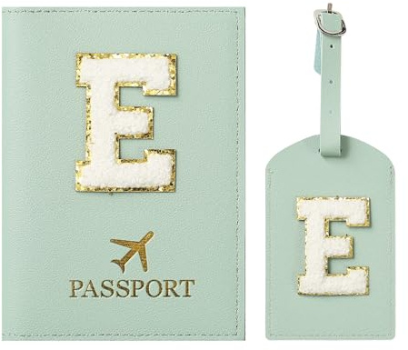ZVRSUA Protege Passeport Vert et Etiquette Valise Costume，Pochette Passeport avec Lettre, Cuir PU, Cadeaux Femme Voyage Accessoires, Très Mignons, Adaptés aux Femmes，Mâle, Adolescent, Filles (Vert E)