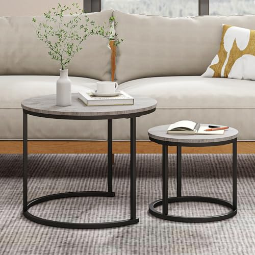 HOJINLINERO Small Round Nesting Coffee Table Set of 2 with Metal Frame and Wood Top, Modern Stacking Side Table for Living Room, Bedroom, Office, Balcony, Grey