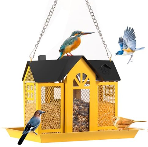 GOYOXOKY Aufhängen Vogelfutterstation, Metall Wildvogel-Futterspender, Große Kapazität Futterstelle, Vogelvilla für Garten Hängende Vogelhäuschen für Gärten, Terrassen, Decks und Rasenflächen, Gelb