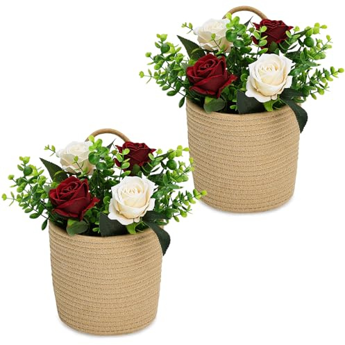Nagobi Wall Hanging Rope Basket with Artificial Roses and Eucalyptus Farmhouse Decor, 2 Pack Jute Hanging Basket Flower Plants Rustic Wall Decor for Porch Living Room Entryway (Burgundy Champagne)