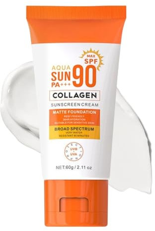 Collagen Sunscreen SPF90+, Face Sun Cream SPF90，Body Sunscreen Waterproof Sweatproof, UVA& UVB Sun Protection, Lightweight & Non Greasy Formula, All Skin Types, 60g