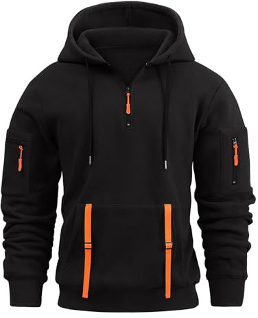 Lonya Felpa Uomo Invernale con Cappuccio Manica Lunga 1/4 Zip Hoodie Tasca Multifunzionale Sportiva Jogging Lavoro Pullover Nero,M