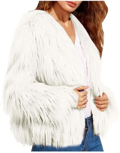 Flodxo Damen-Jacke, Wintermantel, Kunstfell, leicht, offene Vorderseite, Strickjacke, Plüsch, pelzig, Cropped-Jacken, elegant, lässig, warm, langärmelig, weich, flauschig, Mäntel für Party, Club