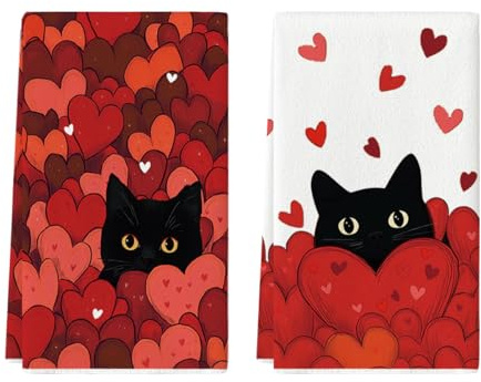 Artoid Mode Amore Cuore Nero Gatto San Valentino Strofinacci da Cucina Strofinacci per Stoviglie, 42x65 cm Set di 2 Asciugamani Decorazione Stagionale di Primavera