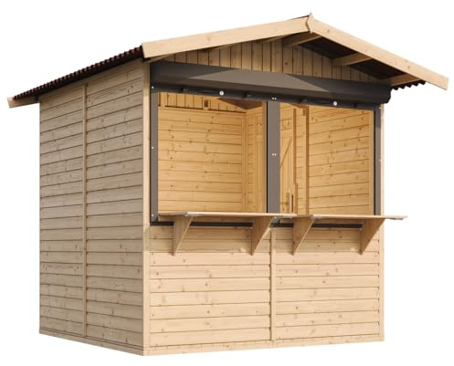 TIMBELA M149Z Holz Gartenhaus/Marktbude, Kiefer Fichte, Verkaufsstand mit Theke, 253x263 cm (4 m²), multifunktionale Garten-Bar, Verkaufshütte mit 2 Rollläden