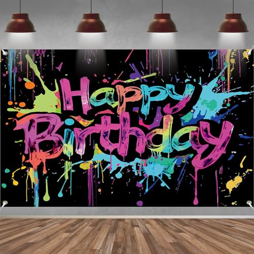 Neon Geburtstag Banner, Happy Birthday Banner Deko für Kinder, Extra Großes Geburtstag Party Hintergrund Banner für Mädchen und Jungen (Bunte Graffiti-Spritzerfarbe), 210x150 cm
