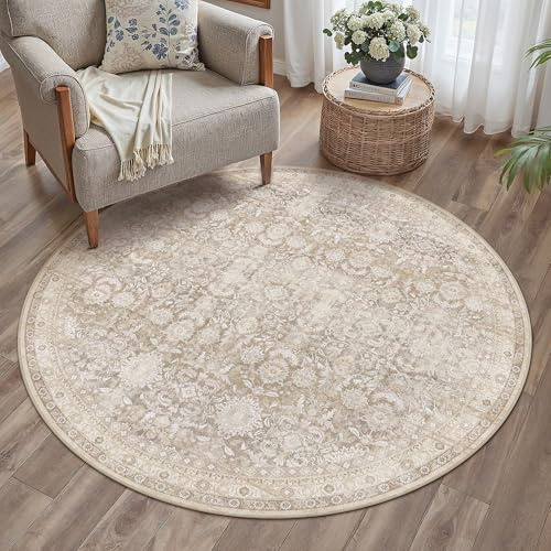 PureCozy Tappeto Rotondo Beige 120cm, Tappeto Circolare Vintage Lavabile per Living Room, a Pelo Corto, Antiscivolo, Morbido, Stile Boho per Cucina, Soggiorno, Camera da Letto, Sala da Pranzo