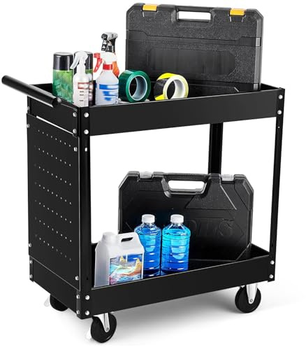 2-Tier Metal Tool Trolley on Wheels, 330 Lbs Heavy Duty Rolling Tool Utility Cart with Handle, Utility Steel Work Trolley for Garage, Office, Warehouse & Workshop