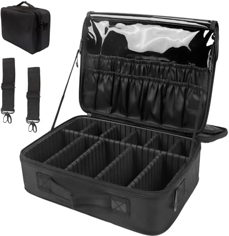 Makeup Bag Extra Large Travel Make Up Bag with Adjustable Compartment Professional Vanity Case Cosmetic Bags Makeup Organiser Bag Beauty Box Train Case Hairdressing Tools and Shoulder Strap, Black