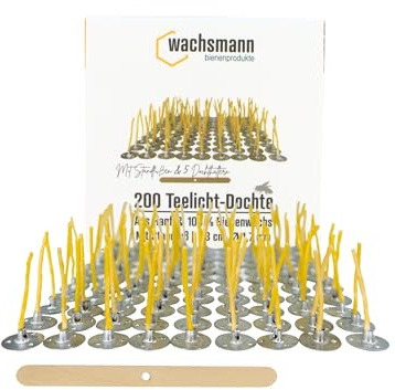 Wachsmann Kerzendochte Bienenwachs – 100x Hanf-Dochte für Teelichter selber Machen – 3 cm Wachsdocht mit Fuß & Holzhalter – Paraffinfrei & Naturwachs