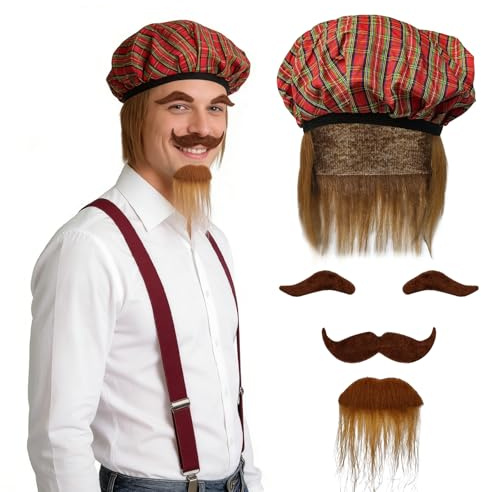 GYIOFAI Schottischer Schottenkaro-Hut und Bartaugenbraue, schottischer Kostüm-Hut mit Ingwerhaar, Schotte mit Perücke, rotes Schottenkaro, Tam Schottland-Mütze, für St. Andrews Day, Scotland Burns