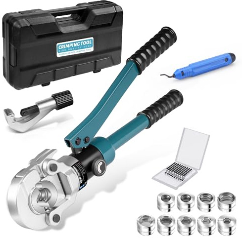 Professionelle Hydraulisch Kupferrohrzange Presswerkzeug mit CR V-Kontur und TH-Kontur inkl. V12 V15 V18 V22 V28 Und TH16 TH20 TH26 TH32, Presszange mit 180° drehbarem Kopf für Kupferrohr Blau