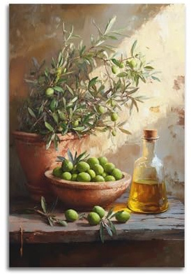 Lienzo decorativo para colgar en la pared de cocina, comedor, pintura al óleo con ramas de olivo verde, pintura al óleo rústica, fruta, bodegón, decoración, 60 x 90 cm